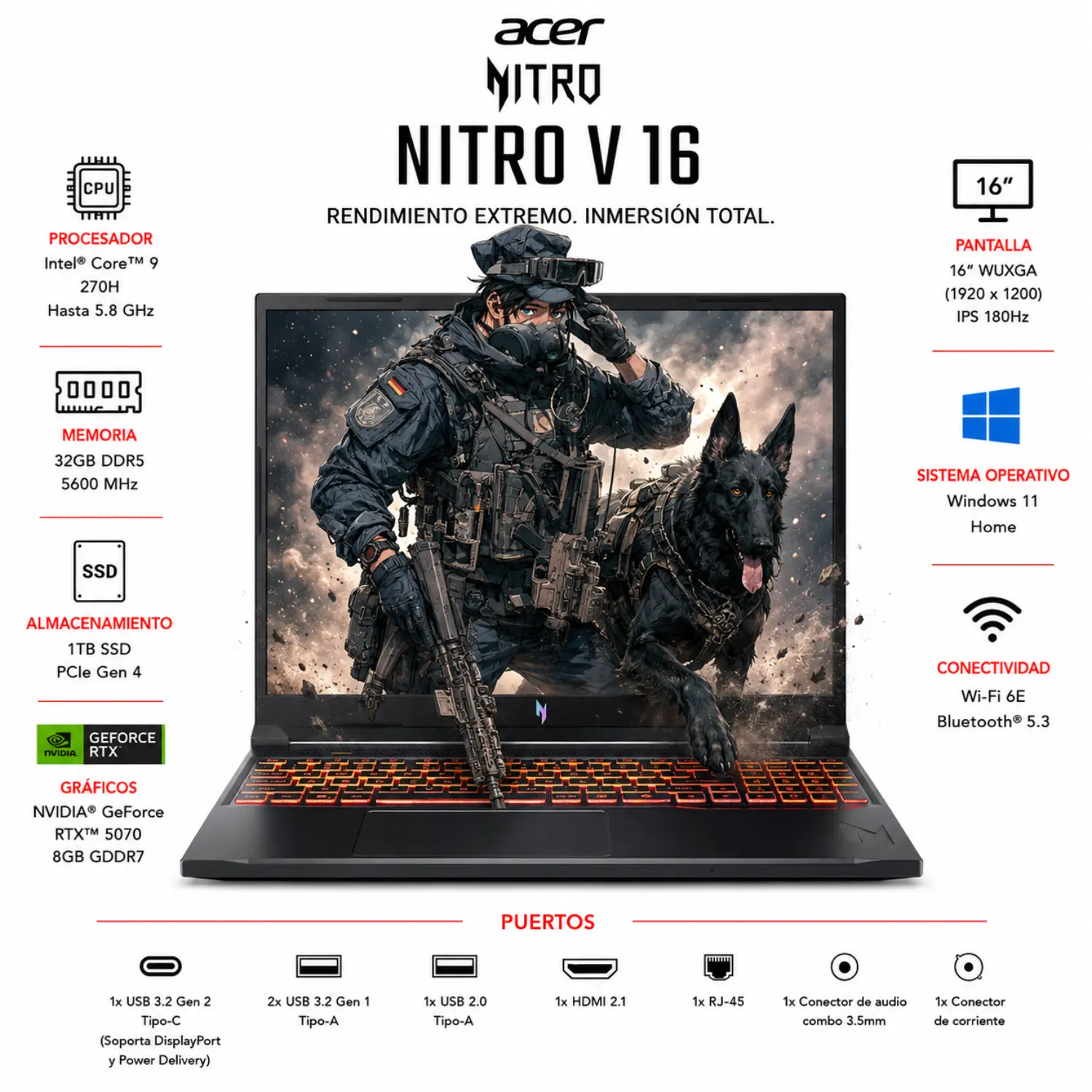 Acer Nitro V Gaming Laptop | Procesador Intel Core Ultra 9 270H | GPU NVIDIA GeForce RTX 5070 para portátil | visualización WUXGA IPS de 16 Pulgadas | 32 GB DDR5 | SSD Gen 4 de 1 TB | Wi-Fi 6 