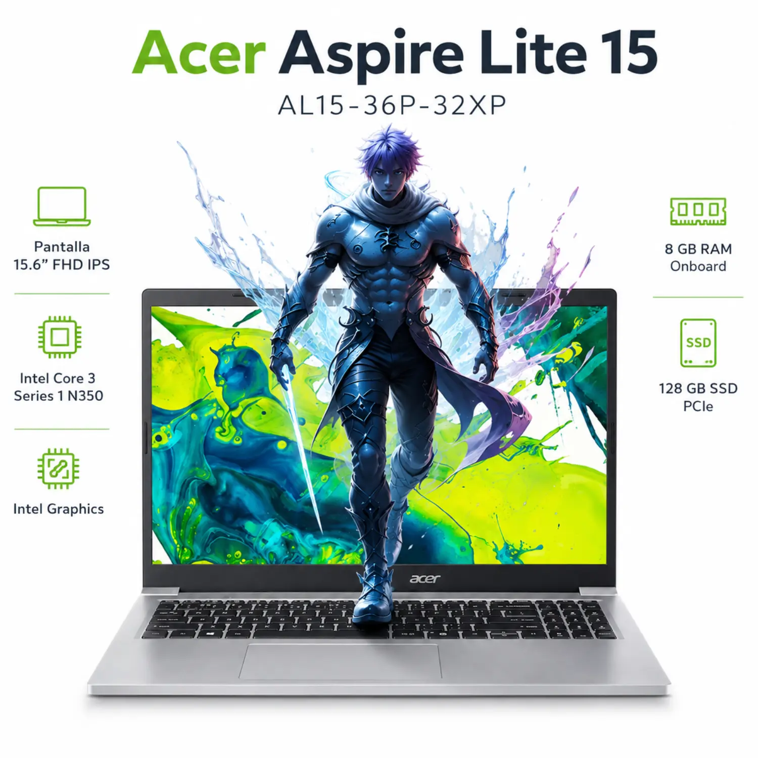 Laptop Acer Aspire Lite 15 AL15-36P 15.6 FHD Intel Core 3 8GB RAM 128GB SSD Windows 11 Silver