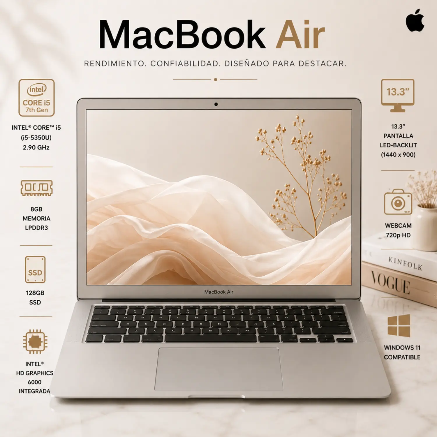 Reacondicionado-Apple MacBook Air 13.3" Intel Core i5, 8GB RAM, 128GB SSD 