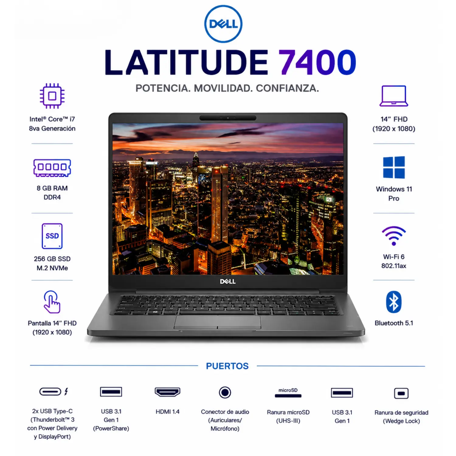 Dell Latitude 7400 14" FHD Intel Core i7 8GB RAM 256GB SSD Windows 11 (Reacondicionado) 