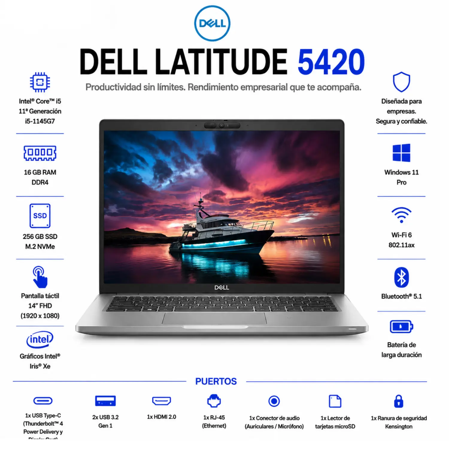 Dell Latitude 5420 14" FHD Tactil Intel Core i5 16GB RAM 256GB SSD Windows 11 (Reacondicionado)
