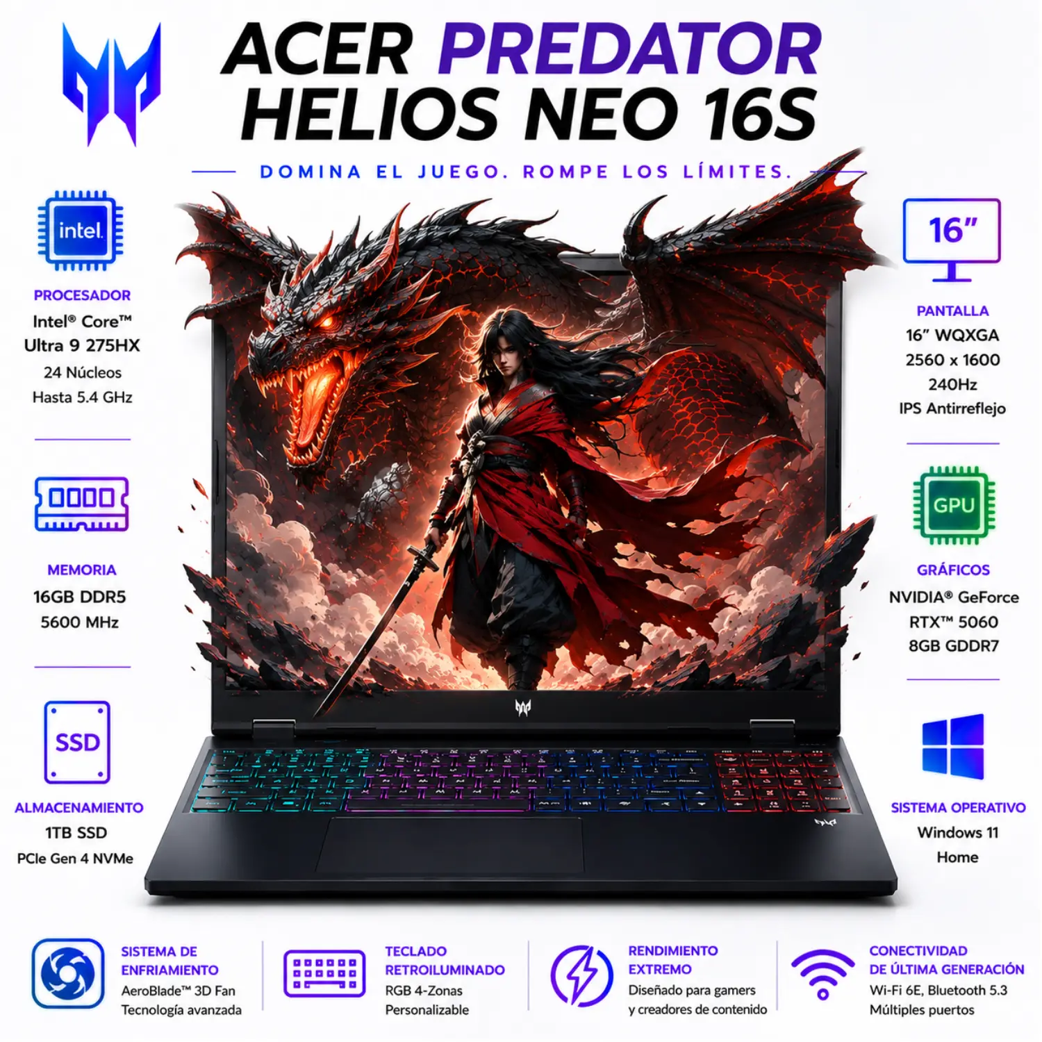 Laptop Acer PREDATOR HELIOS NEO 16S PHN16S-71-91AW GAMING Core™ Ultra 9 275HX 1TB SSD 16GB 16" (2560x1600) 240Hz WIN11 NVIDIA® RTX5060 8192MB OSIDIAN BLACK Backlit Keyboard