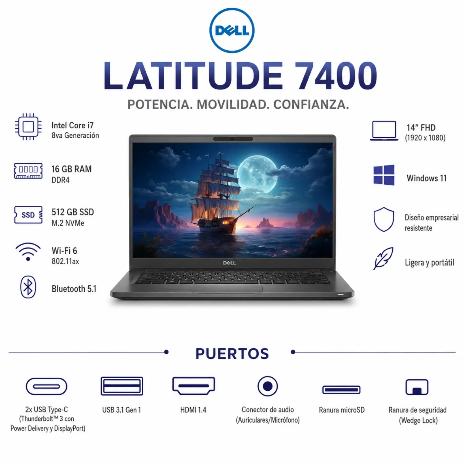 [DE7400-I7-16-512/RFB] Dell Latitude 7400 14" FHD Intel Core i7 16GB RAM 512GB SSD Windows 11 (Reacondicionado) 