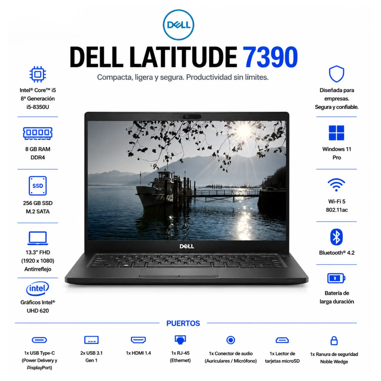 [DE7390-I5-8-256/RFB] Dell Latitude 7390 13.3" FHD Intel Core i5 8GB RAM 256GB SSD Windows 11 (Reacondicionado) 