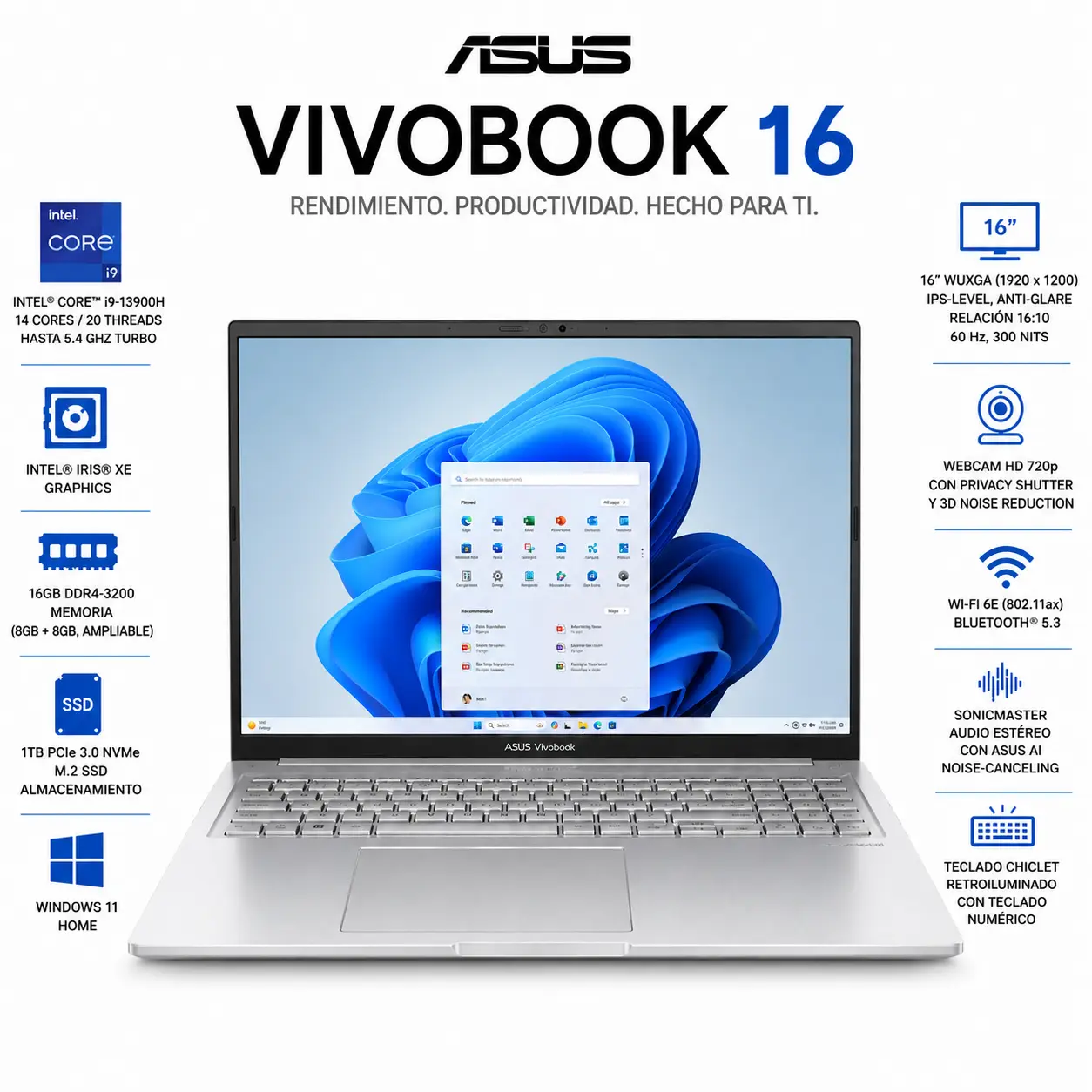 [F1605VA-WS96/NEW] ASUS VivoBook 16" WUXGA Intel Core i9-13900H 16GB 1TB SSD Windows 11 Cool Silver