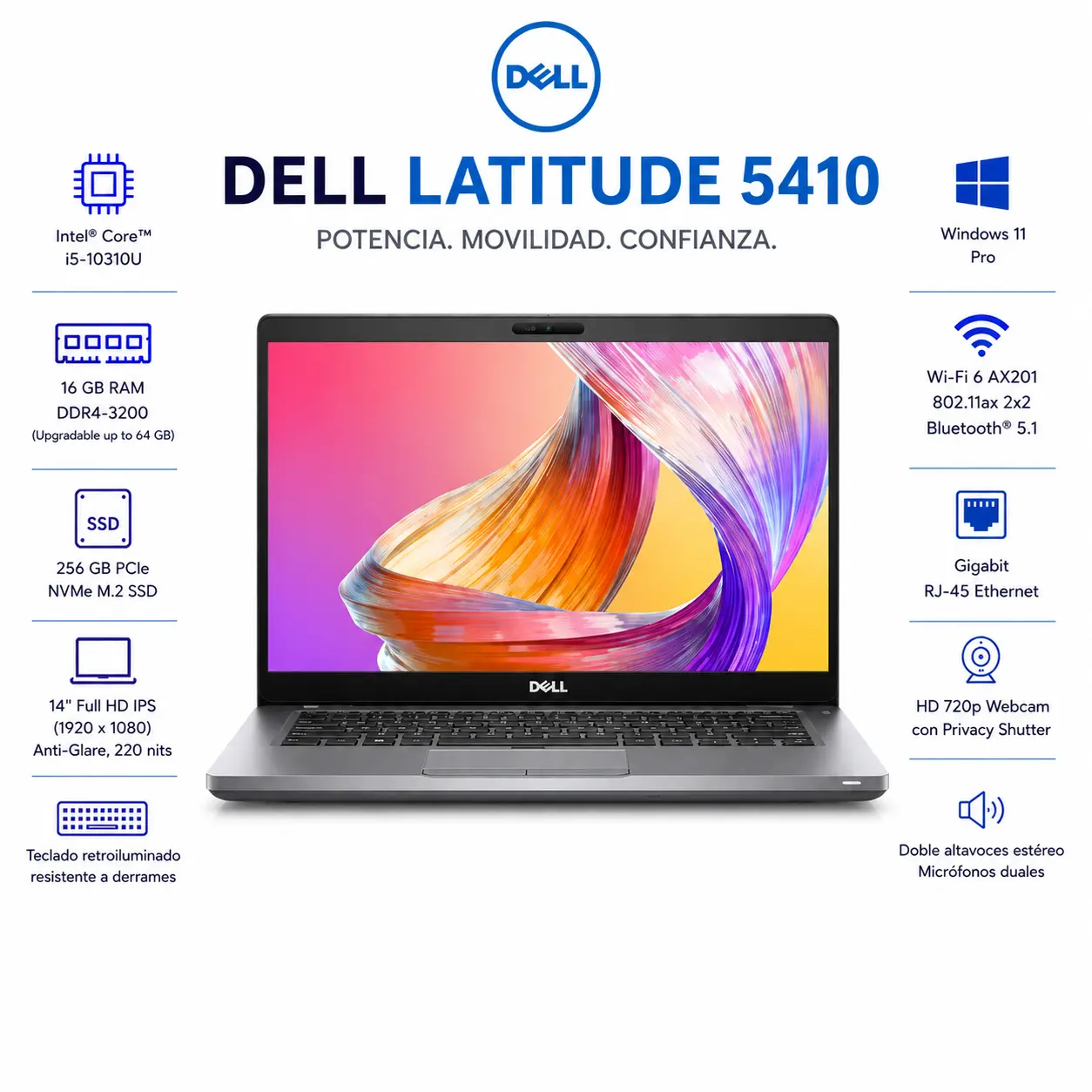 [DE5410-I5-16-256-A/RFB] Dell Latitude 5410 14" HD Intel Core i5 16GB RAM 256GB SSD Windows 11 (Reacondicionado)