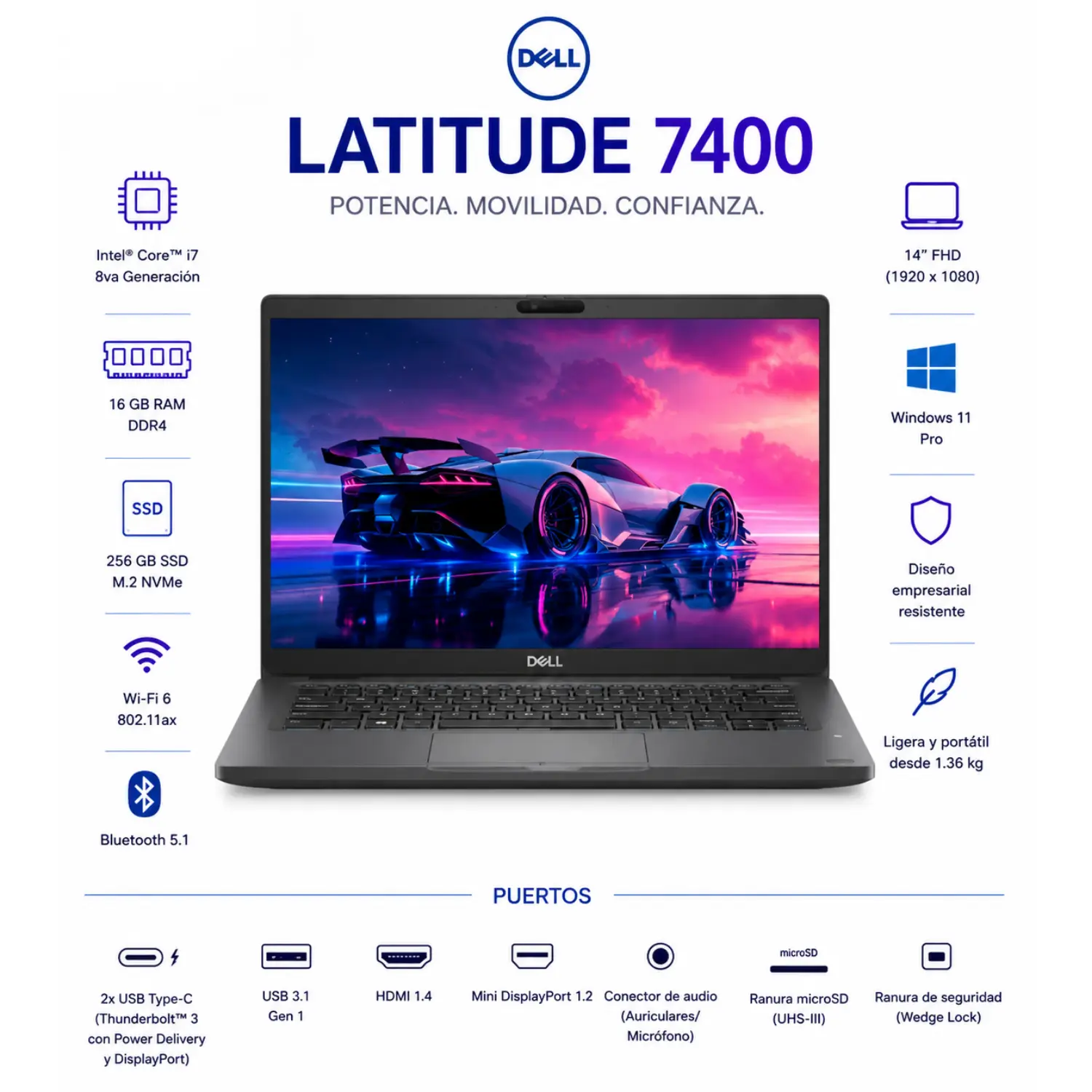 [DE7400-I7-16-256-GRB/RFB] Dell Latitude 7400 14" FHD Intel Core i7 16GB RAM 256GB SSD Windows 11 (Reacondicionado) 