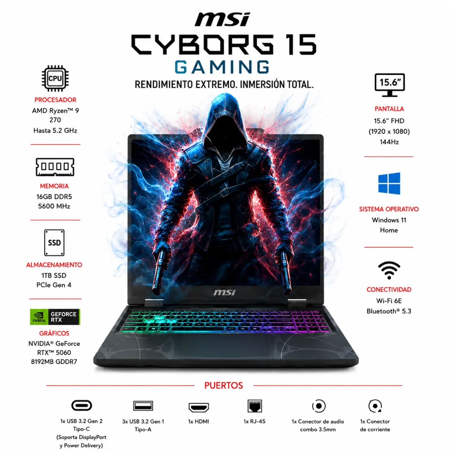 [B2HWFKG-006US/NEW] Laptop Gamer MSI Cyborg A15 AI Ryzen 9 16GB RAM 1TB SSD RTX 5060 8GB FHD 144Hz Windows 11