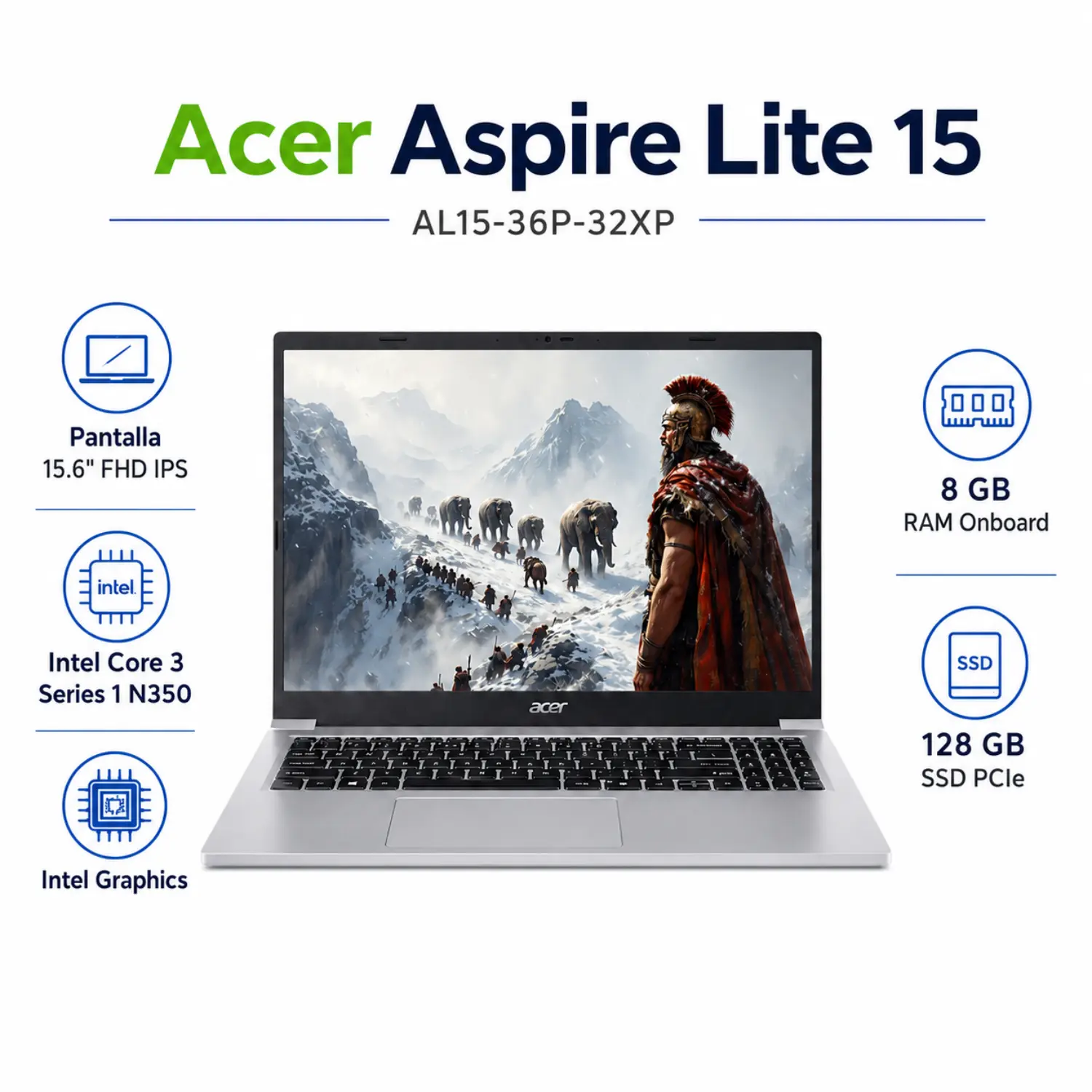 [NX.DE2AA.001/NEW] Laptop Acer Aspire Lite 15 AL15-36P 15.6 FHD Intel Core 3 8GB RAM 128GB SSD Windows 11 Silver