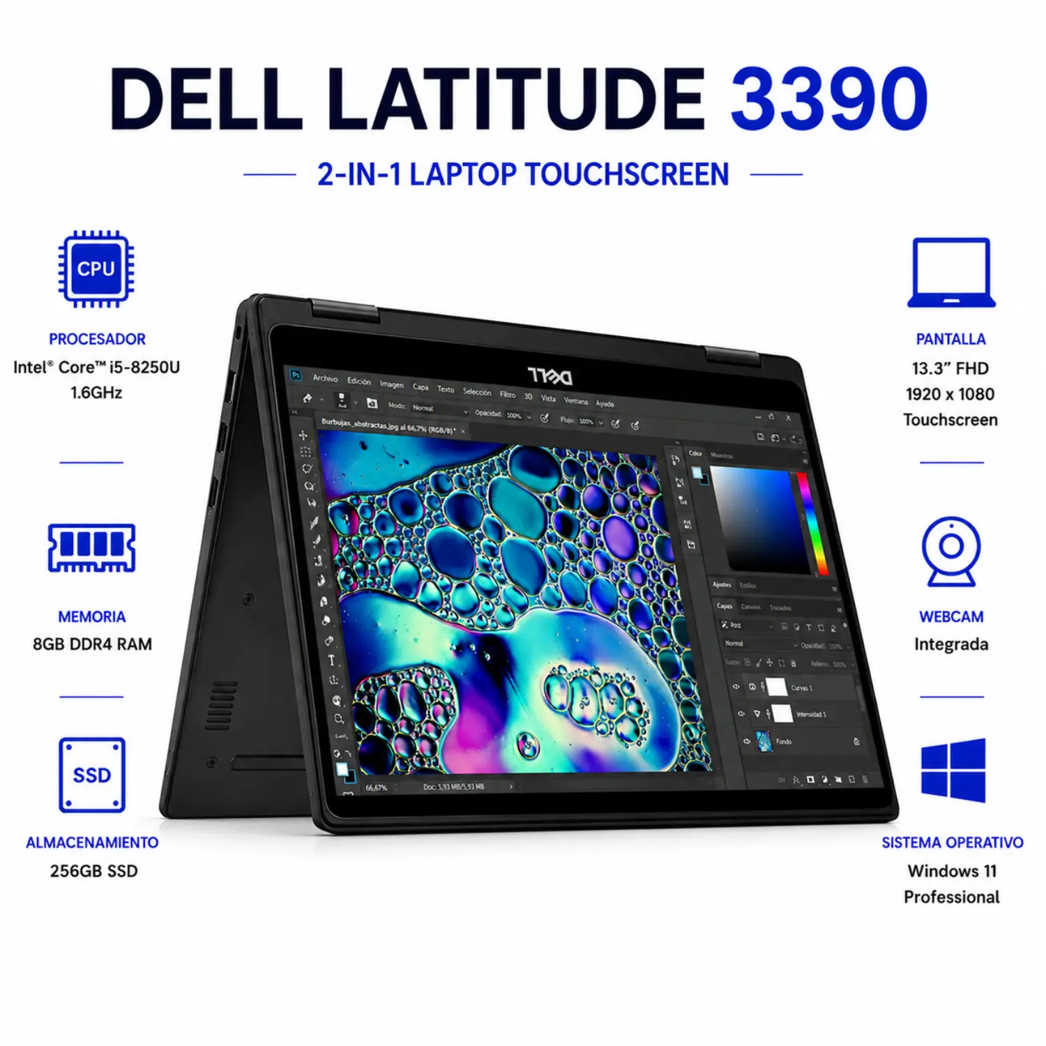 [DE3390 2 in1-I5-8-256-ES/RFB] Dell Latitude 3390 13.3" 2 en 1 Intel Core i5 8GB RAM 256GB SSD Windows 11 (Reacondicionado) 