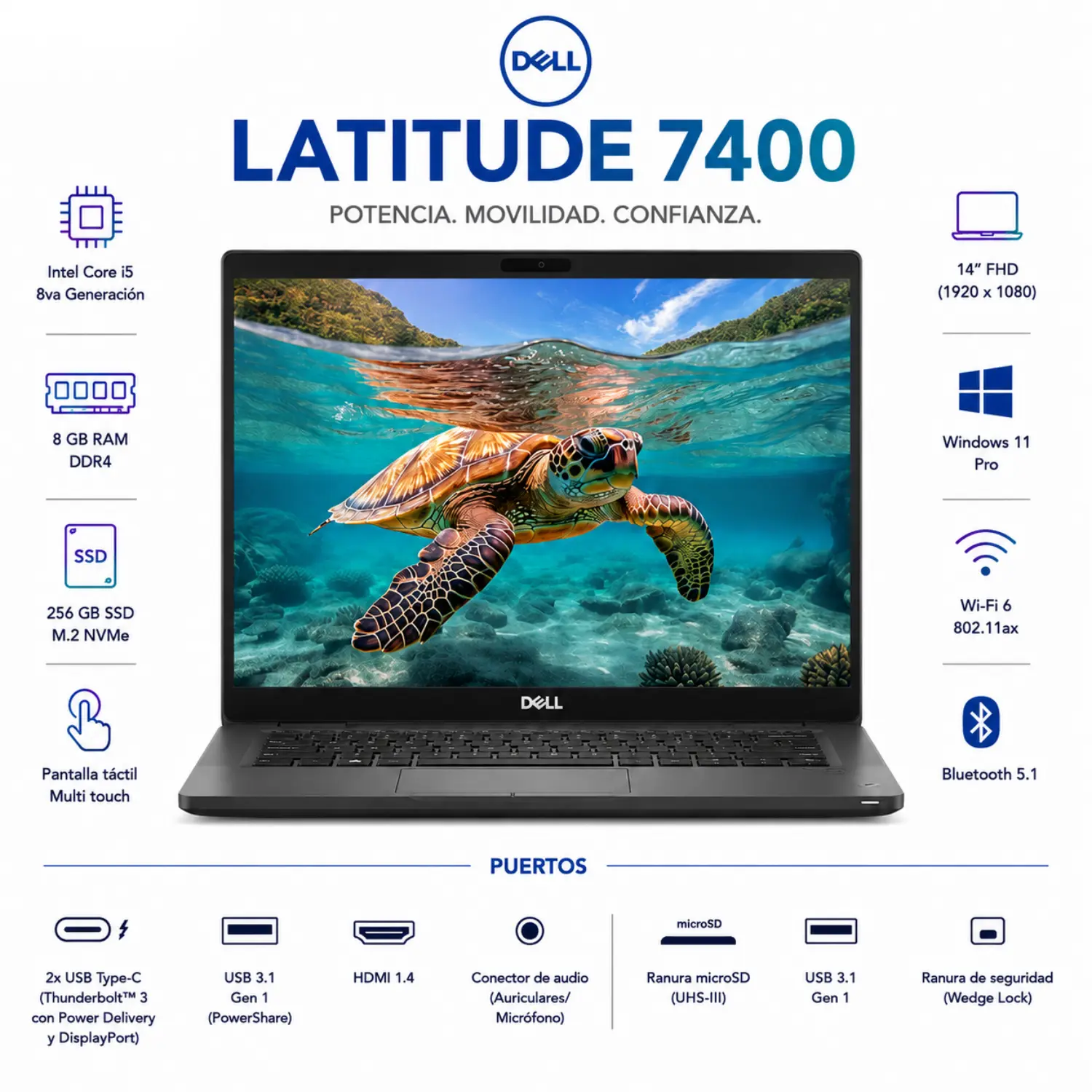 [DE7400-I5-8-256-ES/RFB] Dell Latitude 7400 14" FHD Intel Core i5 8GB RAM 256GB SSD Windows 11 (Reacondicionado) 