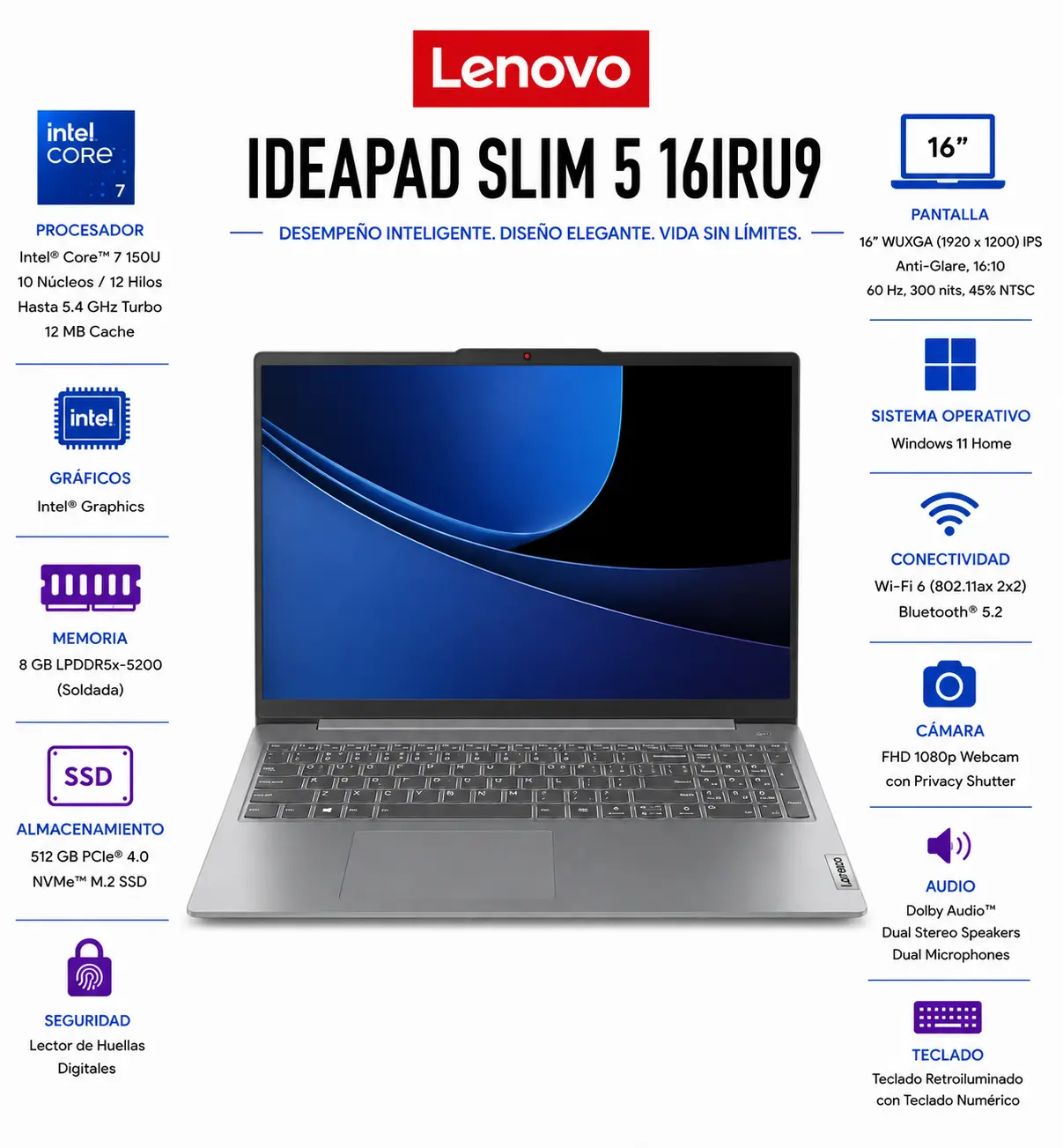 [83FW000XUS/NEW] Lenovo IdeaPad Slim 5 16IRU9 - 16" WUXGA - Intel Core 7 150U - 8 GB - 512 GB SSD - Gris